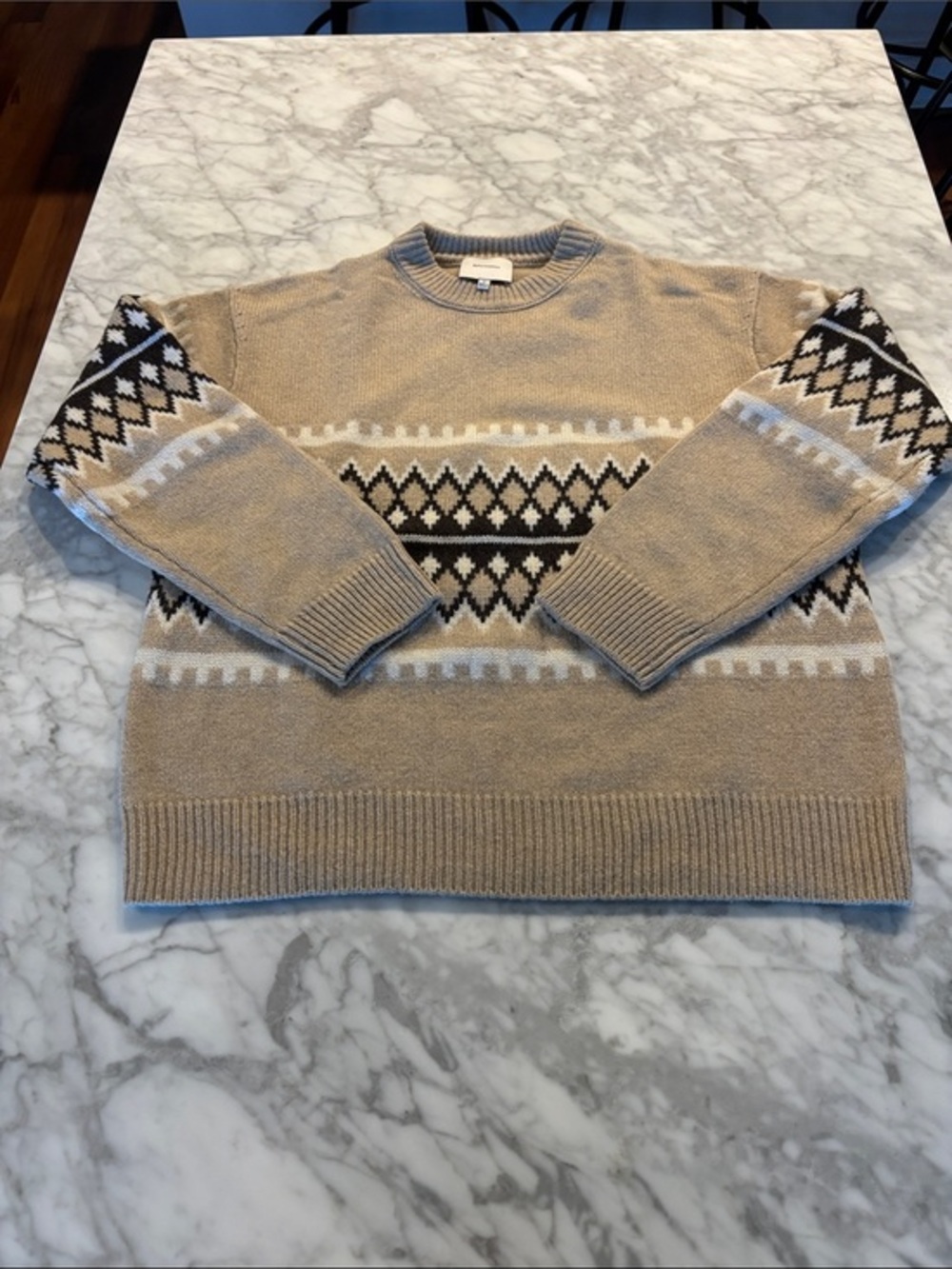 Reformation Beige Fair Isle Crewneck Sweater with Black and White Pattern